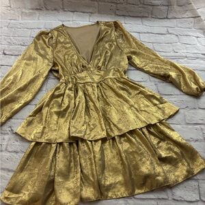 🔵”NWOT” LIQUID Gold TIERED PUFF SLEEVE ELEGANT Dress